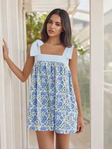Women Floral Tie Shoulder Mini Dress Cute Square Neck Loose Fit Beach Short Dress Backless Boho Vocation Sundress - 藍色 - 查看 5