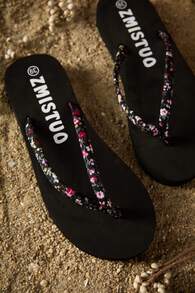 Tropiscape 女士时尚厚底拖鞋，碎花印花，沙滩秋季圣诞节冬季圣诞礼物 - 黑色 - 查看 7