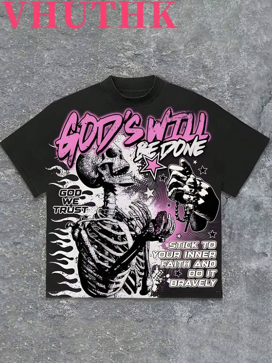 VHUTHK (180 Pure Cotton T-Shirt) With The Letters' GOD'S WILL BE DONE 'and Skull Print, Casual Pure Cotton Print For Men's Summer Round Neck Short Sleeves - Black - View 1
