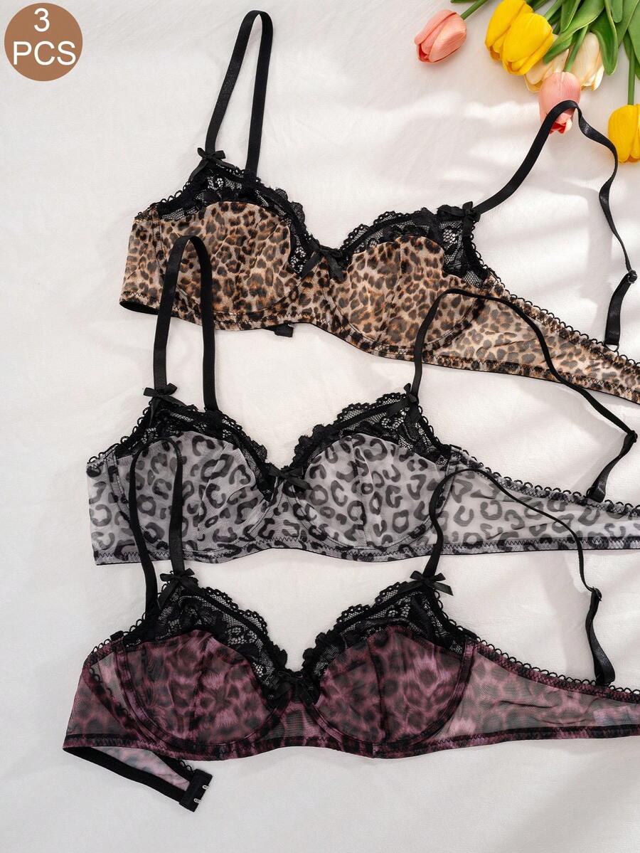 3pcs Women's Solid Color Lace & Leopard Print Padded Bra, Comfortable Lingerie - Multicolor - View 1