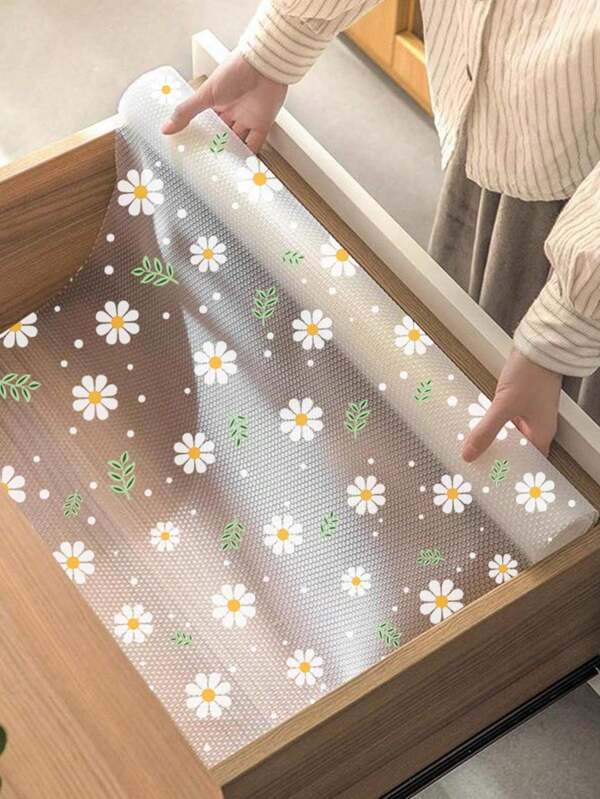 1ロール デイジー 棚ライナー キッチンキャビネット用、 粘着剤なしの引き出しライナー、 滑り止め冷蔵庫ライナー、EVA 防水冷蔵庫パッド キャビネットマット 簡単なプレースマット