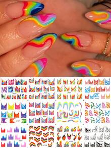 12 件彩色波浪线花朵指甲水贴花漩涡丝带银色指甲艺术转印贴纸 Nailswag 滑块贴花 - 彩色 - 查看 1