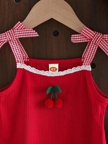 2件套少女樱桃吊坠时尚休闲背心+刺绣樱桃牛仔短裤