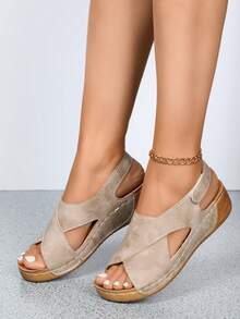 Plus Size Women Fashion Comfortable Lace-Up Wedge Sandals - Khaki - View 4