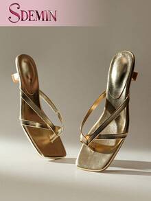 夏季新款女士纯色拖鞋，优雅度假鞋，休闲沙滩高跟凉鞋，时尚一脚蹬高跟鞋，适合正装 - 金色 - 查看 3