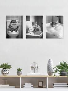 Set Of 3 Bathroom Scene Poster, Cat Newspaper Canvas Print Wall Arts, Reading Cat Poster, Sink Splash Art Prints, Relaxing Cat Wall Arts, Bubble Bath Bulk Modern Artwork, Wall Arts, Room Aesthetic, Posters, Ideal Gift, Optional Framed ,Wall Art With Frame