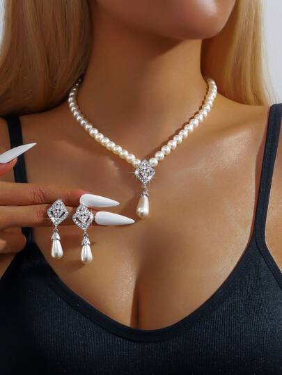 3pcs/Set Sparkling Red Rhinestone Necklace And Earring Jewelry Set, Suitable For Giving To Female Friends, Fashionable Party Dress Accessories