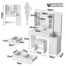 Tocador blanco moderno con lámpara, mesa de maquillaje con taburete y espejo - Blanco - Ver 5