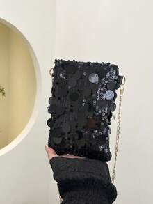 迷你亮片单肩包，个性纹理简约斜挎包，优雅手拿包，时尚亮片女士手机包，链条装饰可装手机和零钱，适合购物 - 黑色 - 查看 10