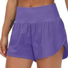 Womens High Waisted Running Shorts Quick Dry Athletic Workout Shorts With Mesh Liner Zipper Pockets - Purple - View 4