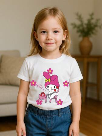 Sanrio Sanrio 1-delig kinder-T-shirt, kinderbasis, cartoonprint, melodieprints, grappig patroon, casual en modieus, comfortabel en minimalistisch, vochtafvoerend en zweetafvoerend, geschikt voor dagelijks gebruik, geschikt voor buiten, geschikt voor 4-7 jaar