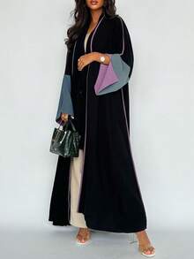 1 件时尚简约撞色袖饰女士纯色中东风格长裙优雅开衫长款阿巴亚连衣裙，适合日常和节日场合 - 紫色 - 查看 1