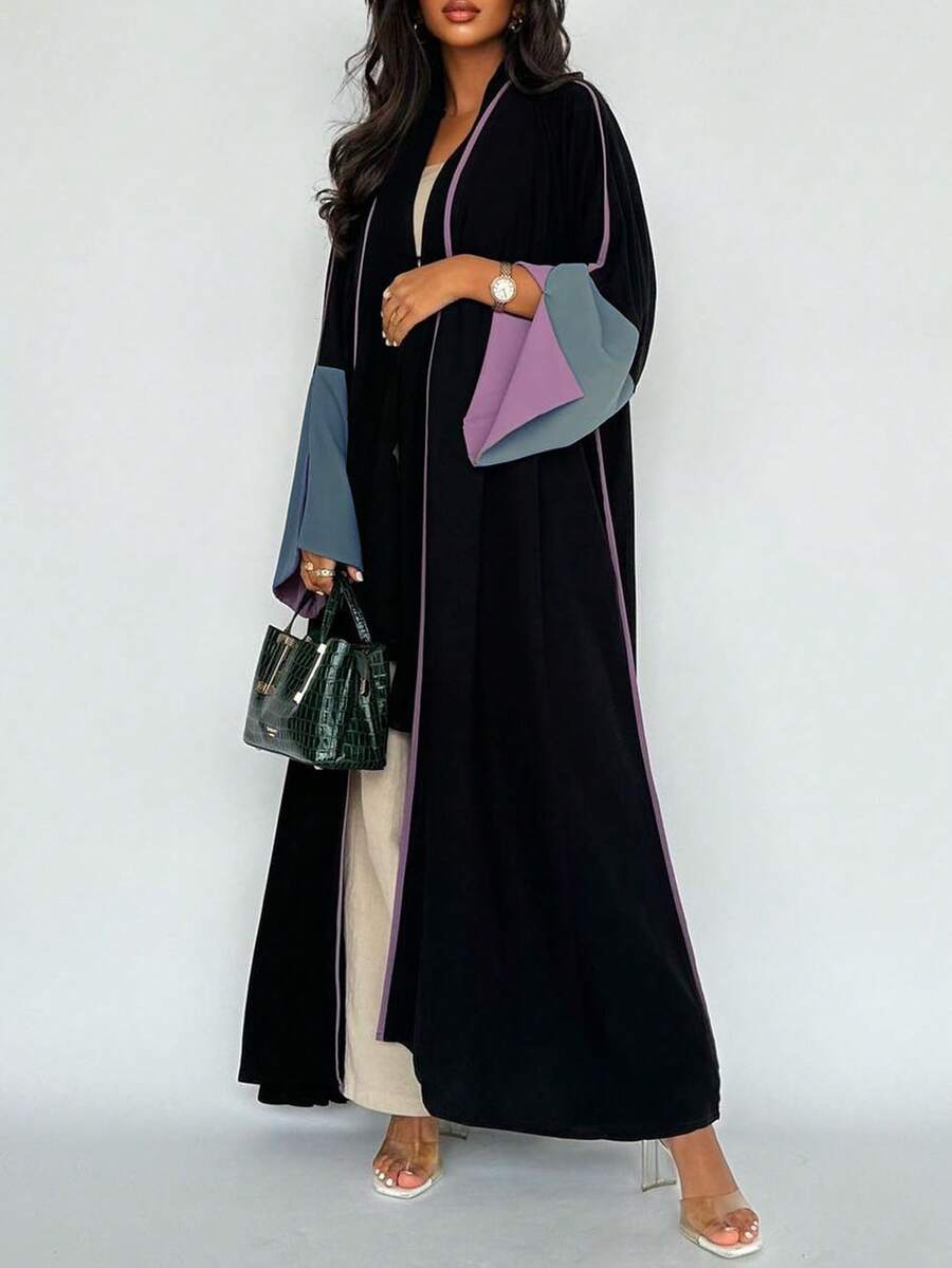 1 件时尚简约撞色袖饰女士纯色中东风格长裙优雅开衫长款阿巴亚连衣裙，适合日常和节日场合 - 紫色 - 查看 1