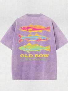 Men's Casual Summer Washed Cotton T-Shirt [Old Row Outdoor] Fish Print, Round Neck, Short Sleeves, Lightweight Cotton Knitted Fabric, Casual Summer Round Neck Shirt | Rib Details. - 紫色 - 查看 2