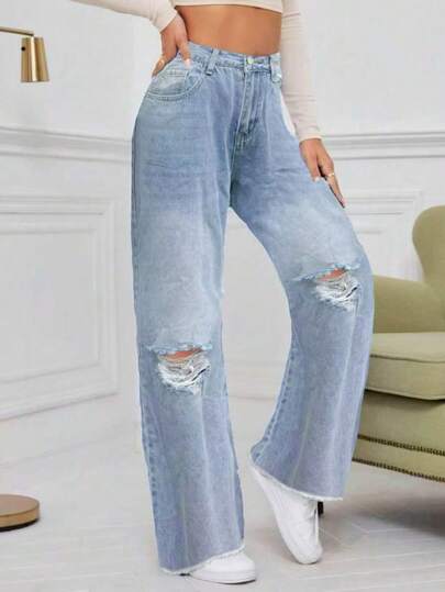 2025 宽松破洞直筒牛仔裤