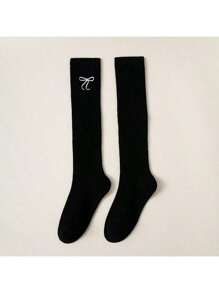 2 Pairs Girls Over The Knee Socks With Embroidery, Long Cotton Tube Socks For Lolita Style, Suitable For Spring, Autumn & Winter