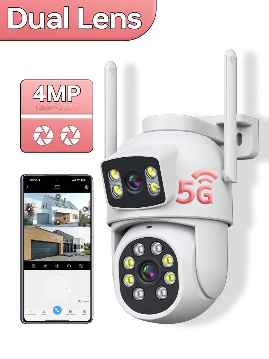 1pc 2MP+2MP Dual Len Wireless Outdoor Security Camera,Smart PTZ Home Surveillance Cameras With 2.4/5Ghz Wifi,Indoor CCTV IP Cameras,Auto Tracking,Alarm And Color Night Vision, Pan Tilt Rotation, Video Network Camera System Supports Two-Way Audio