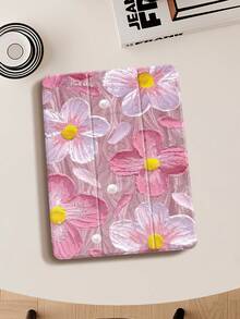 Funda para iPad (A16) compatible con iPad de 11.ª generación de 11 pulgadas de 2025, para funda de iPad de 10.ª generación de 10.9 pulgadas de 2022 con soporte para lápiz, cubierta protectora plegable de tres paneles, activación/desactivación automática, regalo lindo para vuelta al colegio, San Valentín, días festivos, con base de gasa y estampado de flores de aceite