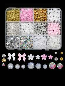 12件/盒 3D美甲装饰套装，包含树脂蝴蝶结美甲饰品、5款3D扁平珍珠（白色、蓝色、黑色、彩色、粉色美甲装饰水钻），适合女性和女孩，DIY美甲装饰钻石，美甲用品，适用于家庭美甲沙龙和手机，混合尺寸，美甲装饰宝石