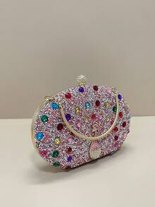 Rhinestone Embellished Pink Evening Clutch Bag With Detachable Gold Chain, Luxury Shiny Mini Evening Bag For Women, Suitable For Formal Party, Banquet, Prom, Wedding, Cocktail Party. Can Be Paired With Party Dresses, Evening Gowns, And Sequin Outfits. - Pink - View 2