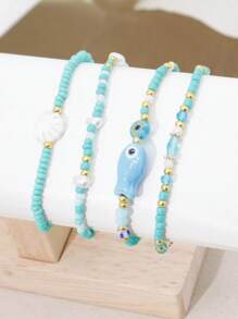 4 Bohemian Tropical Ocean Shell Small Fish Decorations Handmade Blue Beads Bracelet Women's Beach Vacation Party Jewelry