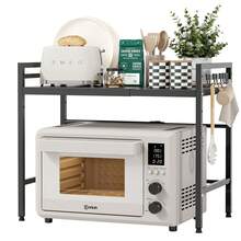 Expandable Microwave Rack, 2-Layer Microwave Oven Rack, Stand, Storage Rack, Kitchen Corner Rack, Desktop Printer Rack, Baker Rack (Black/White) - Black - View 1