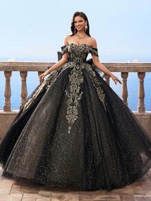 Vestidos de bola estilo Bridgerton con hombros descubiertos y malla negra para mujeres, vestido de novia de línea A de manga abullonada extra grande para la novia - Negro - Ver 10