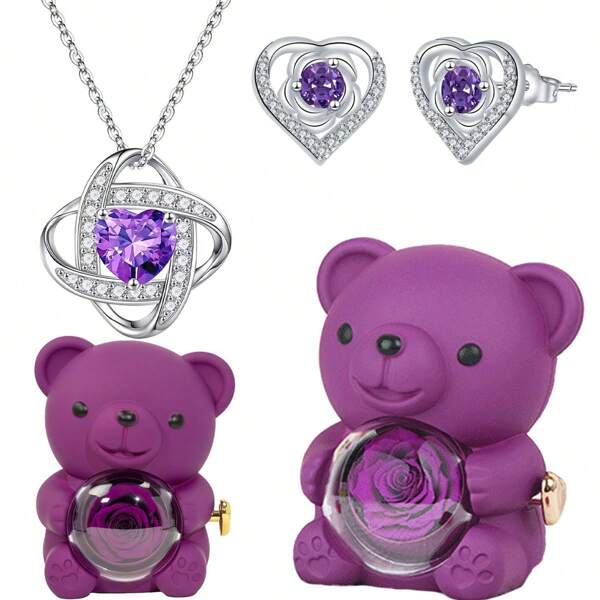 Elegante y exquisito conjunto de collar y aretes con forma de corazón, acompañado de una adorable caja de regalo con una rosa eterna y un oso, es un regalo ideal para las festividades para madres, amigas, familia y novias, brindándole un obsequio especial.