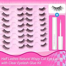 Half Eyelashes Natural Wispy Lashes With Glue Cat Eye Lashes Natural Look False Eyelashes With Lash Glue Pestañas Postizas Naturales Half Lashes Kit With Clear Eyelash Glue - B-半睫毛15MM - 查看 10