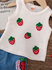 2 件套，女童时尚可爱草莓印花无袖背心 + 草莓刺绣休闲牛仔短裤