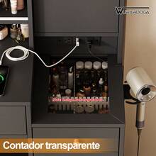 Gran tocador con espejo iluminado deslizante y taburete, mesa de maquillaje con soporte para secador de pelo - Negro - Ver 7