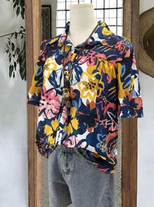 Blusa plisada con botones y estampado floral de manga corta, de moda para mujer en primavera y verano, de uso casual