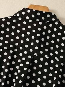Women's Contrast Polka Dot Button-Front Shirt - Collared Long Sleeve Blouse With Tie Detail For Date Nights/Travel Essentials, All-Season Versatile Wardrobe Must-Have - Black - View 8