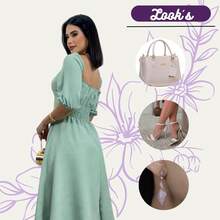 Vestido Feminino Midi Com Manga Bufante Forrado Soltinho - Verde claro - Visão 8