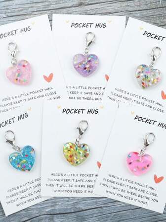 6 Sets de Pequeños Tokens de Corazón de Resina - Llaveros con Tarjeta de Abrazo como Recuerdo para Amigos, Colegas y Familia durante el Distanciamiento Social - Accesorios Lindos para Mochila, Coche y Regalos