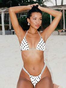 Bộ bikini hai mảnh gợi cảm buộc dây cổ, in chấm bi, thích hợp cho nữ mùa hè đi biển, đi nghỉ mát. - Trắng Đen - Xem 1