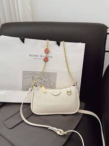 新款时尚经典小丑纯色PU防水面料单肩法棍包，草莓金属链条装饰腋下包，优雅手提包，商务通勤包，适合旅行、购物、派对、节日庆典 - 白色 - 查看 5