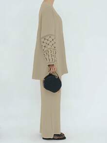 Women's Casual Suit, High Neck Batwing Sleeve Geometric Pattern Top Paired With Non-Stretch Pants, Elegant Embroidery Cuff Decor - Khaki - View 5