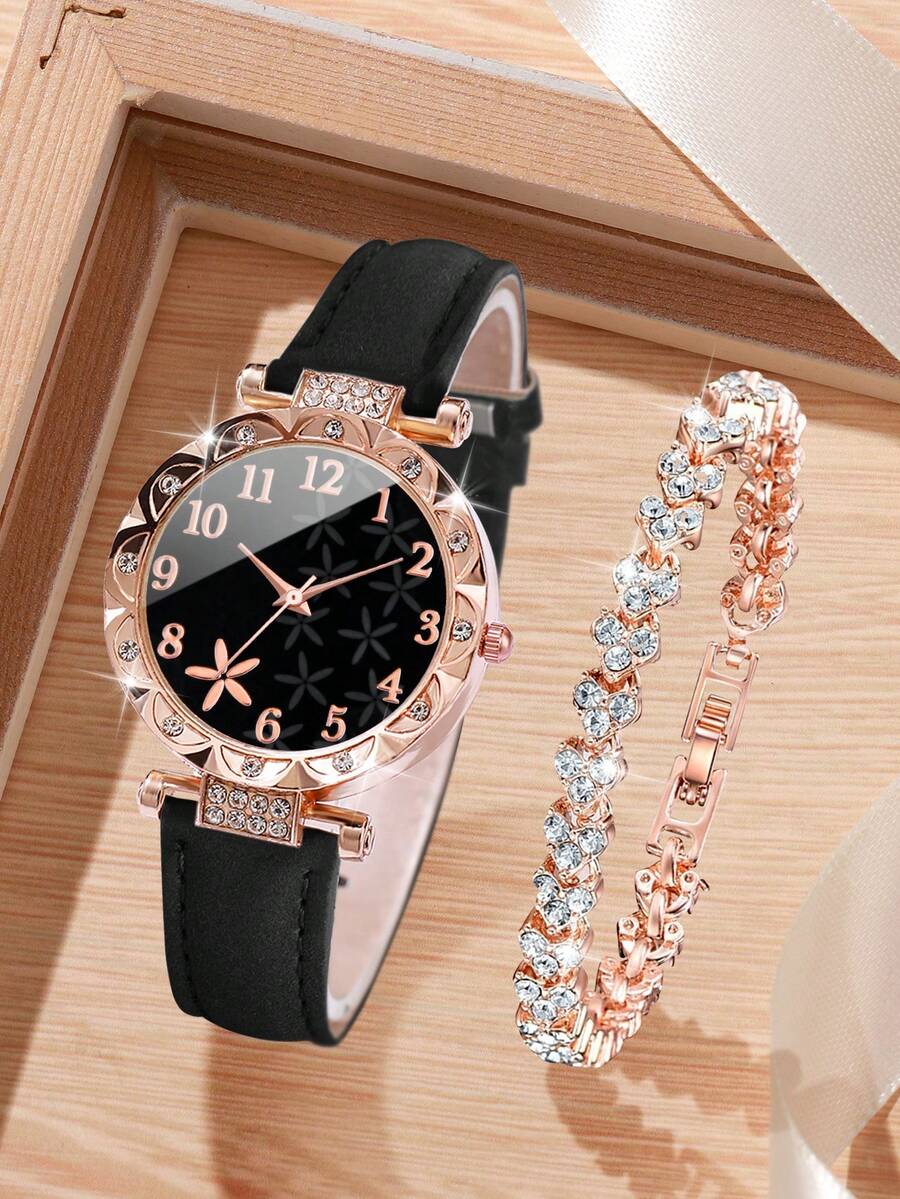 2pcs/Set Women's Fashion Minimalist Rhinestone Studded Numeric Floral Dial Quartz Wrist Watch + Fully Rhinestone Heart Bracelet - Black - View 1