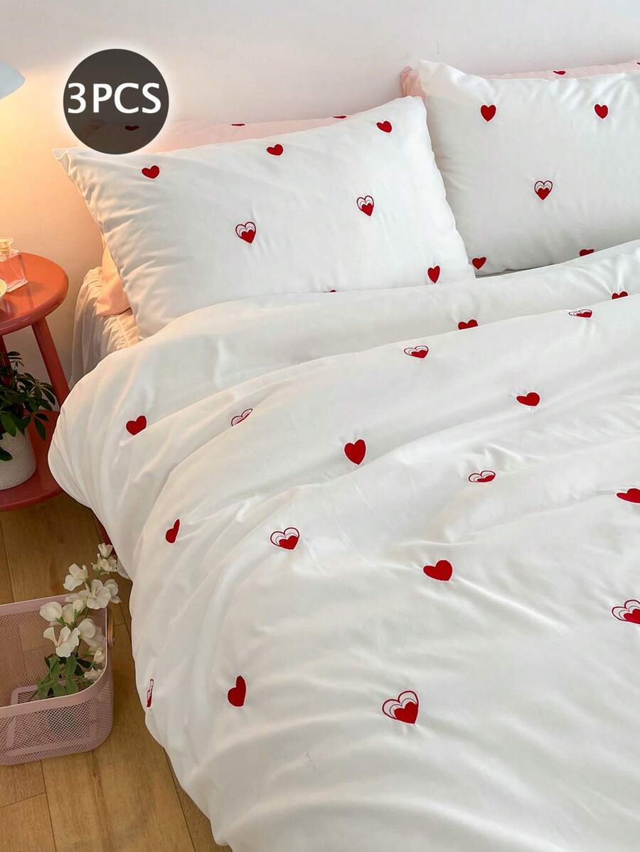 Bộ ga trải giường thêu hình trái tim 3 món (không kèm chăn bông) (1 ga trải giường và 2 vỏ gối), thích hợp cho mùa cưới lãng mạn. - trắng - Xem 1