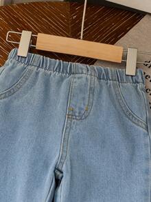 Girls Jeans - Cute Casual Outdoor Multicolor Floral Print Fringe Raw Hem Flared Washed Blue Denim Pants For Little Young Girl