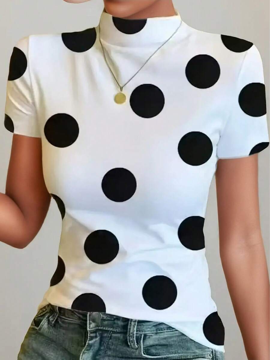 Ice Silk Knit Mock Neck Short Sleeve T-Shirt, Women Fashion Print Casual Blouse For Summer - White - View 1