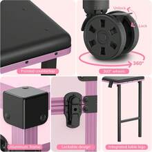 Rolling Portable Manicure Table With 3 Drawers, Mirror & Nail Polish Organizer, Lockable Makeup Train Case With Foldable Nail Desk, Cosmetic Travel Case For Workstation Mobile, Nail Tech-Pink - Pink - View 7