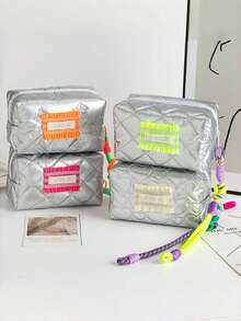 1 件可爱绗缝化妆包带手柄化妆刷收纳袋心形化妆包带绳吊坠多功能学生文具包化妆品收纳袋