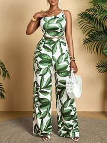 JANE'S Summer Women's Casual Leaf Print One Shoulder Crop Top And Wide Leg Pants 2 Pieces Set Tropical Vacation Outfit - Green - View 1