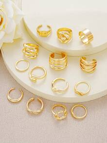 14 件/套厚几何不对称波浪液体纹理多层相交线金属风格粗戒指，时尚、简约、优雅、复古，适合节日、派对、日常佩戴、礼物 - 金黃色 - 查看 4