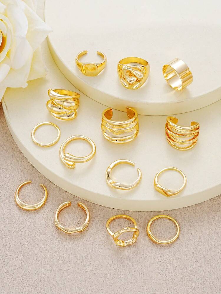14 件/套厚几何不对称波浪液体纹理多层相交线金属风格粗戒指，时尚、简约、优雅、复古，适合节日、派对、日常佩戴、礼物 - 金黃色 - 查看 4