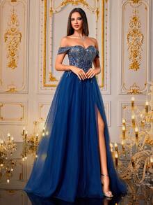 VIPGIRL Royal Blue Sequin Off Shoulder Tulle Evening Gown With High Slit, Elegant Princess Style Long Prom Dress, Luxury Formal Dresses For Women, Gala Party Outfit, Dreamy Ball Gown, For Wedding Guest - Navy Blue - View 6