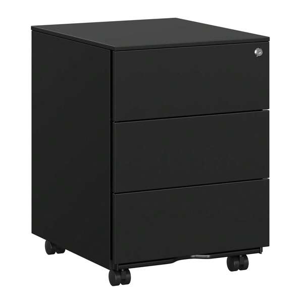 Rollcontainer, Metallschrank, mobiler Aktenschrank, Druckertisch, abschließbar, 3 Schubladen, Unterschrank, vormontiert, Büro, Homeoffice, 45,1 x 39 x 53,8 cm,Mattschwarz