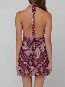 Womens Boho Floral Print Halter Neck Bodycon Dress Summer V Neck Sleeveless Backless Ruched Party Mini Dress Beach Vacation Sundress - 鏽棕色 - 查看 3